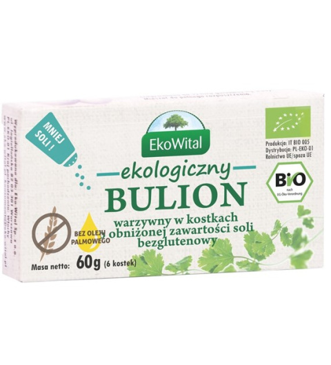 Bulion warzywny w kostkach o obniżonej zawartości soli bez oleju palmowego BEZG. BIO 60 g EKOWITAL