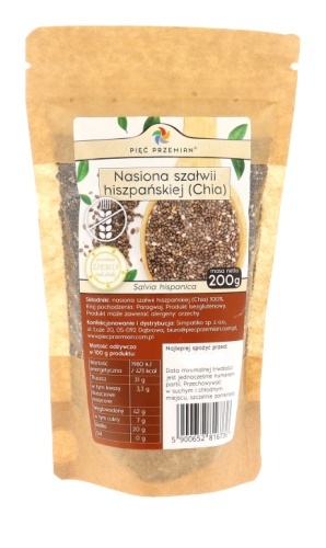 Chia - nasiona szałwii hiszpańskiej bezglutenowe 200 g PIĘĆ PRZEMIAN