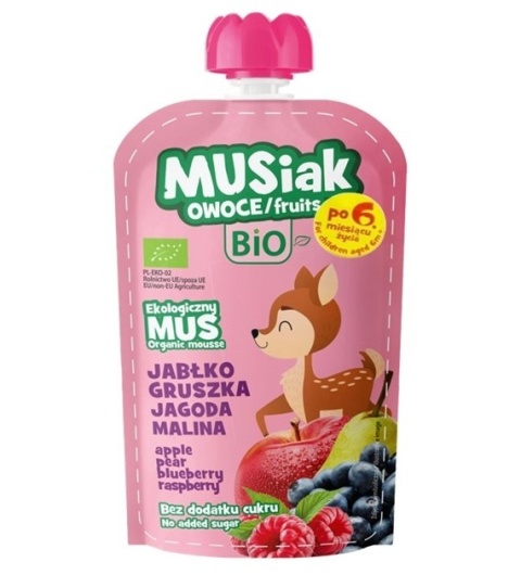 Mus owocowy jabłko - gruszka - czarna jagoda -malina BIO BEZ CUKRU 120g MUSIAK