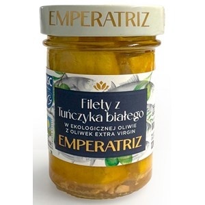 TUŃCZYK BIAŁY FILETY MSC W BIO OLIWIE Z OLIWEK EXTRA VIRGIN 180 g (SŁOIK) - EMPERATRIZ